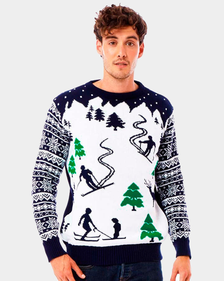 Couple's Ugly Christmas Sweater with Skiers Mens