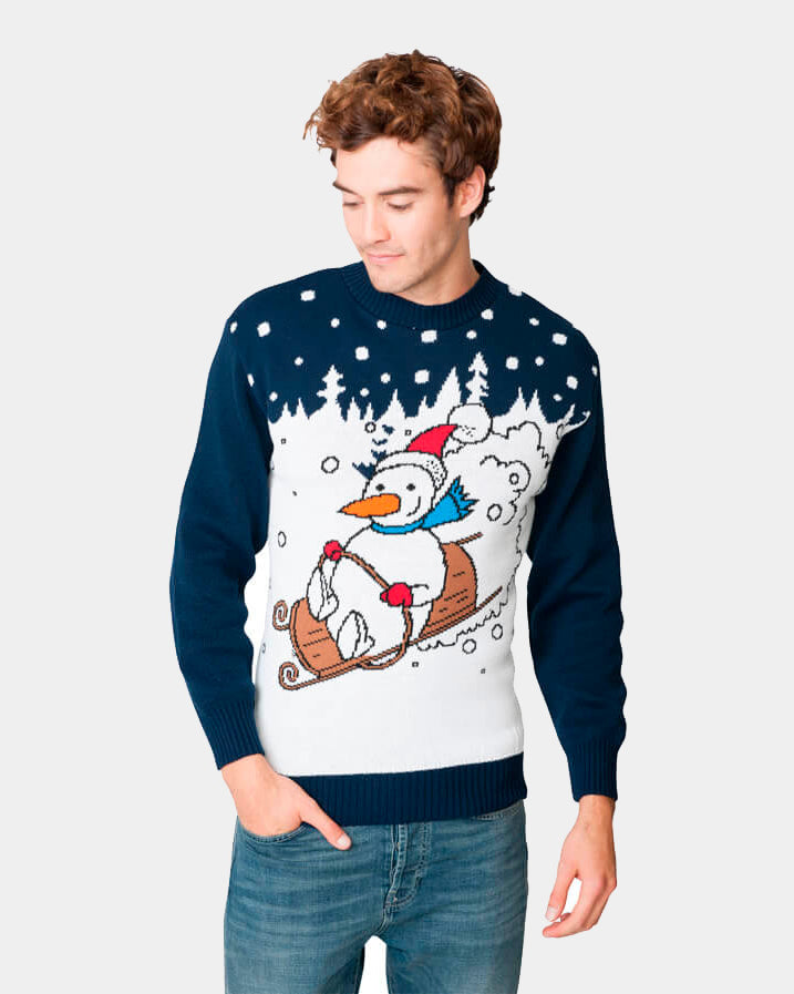 Couple's Ugly Christmas Sweater with Snowman on Sledge Mens