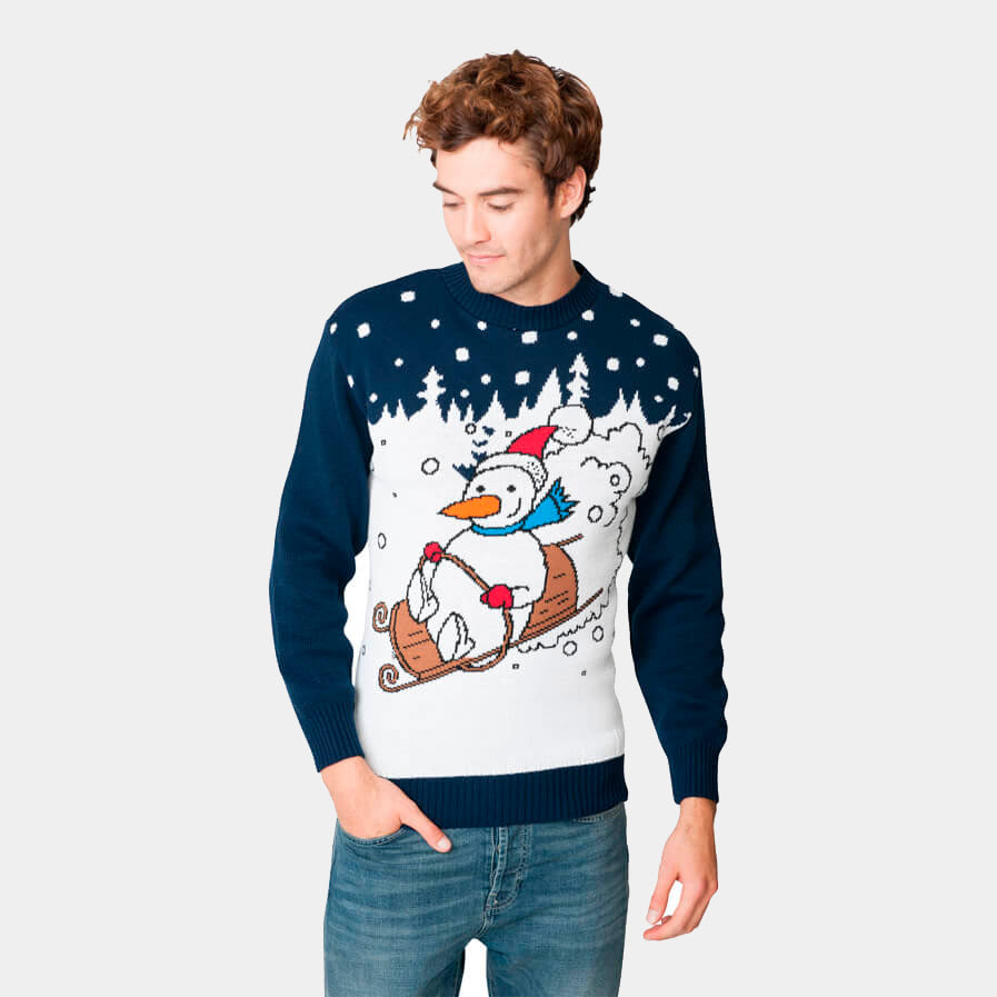 Couple's Ugly Christmas Sweater with Snowman on Sledge Mens