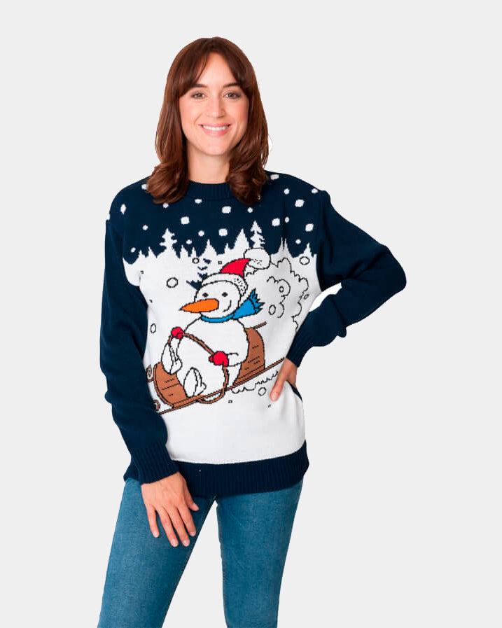 Womens Couple's Ugly Christmas Sweater with Snowman on Sledge