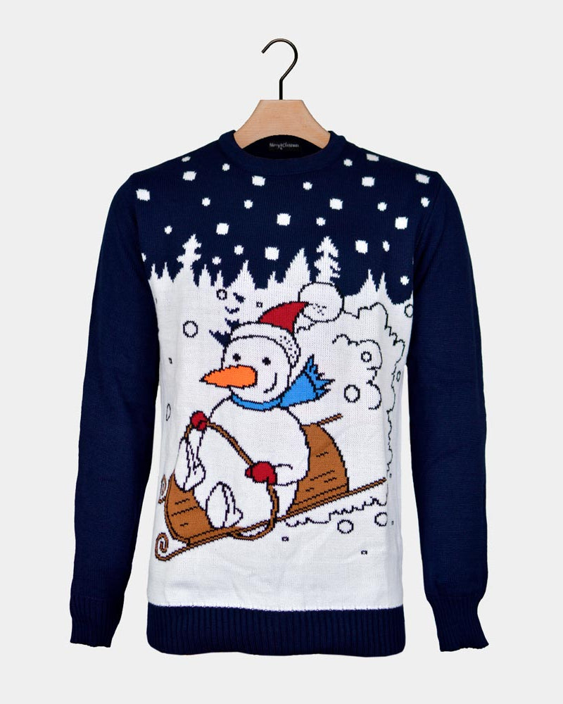 Couple's Ugly Christmas Sweater Snowman Sledge