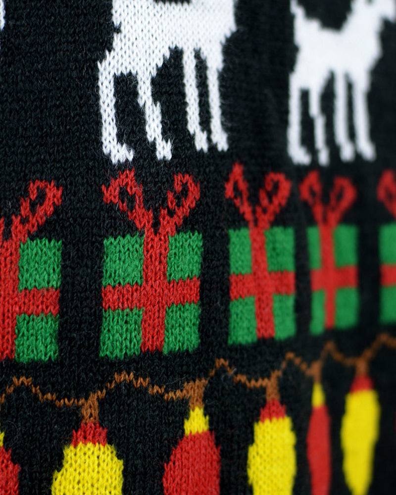 Black Mens Ugly Christmas Sweater Detail with Trees, Reindeers and Gifts