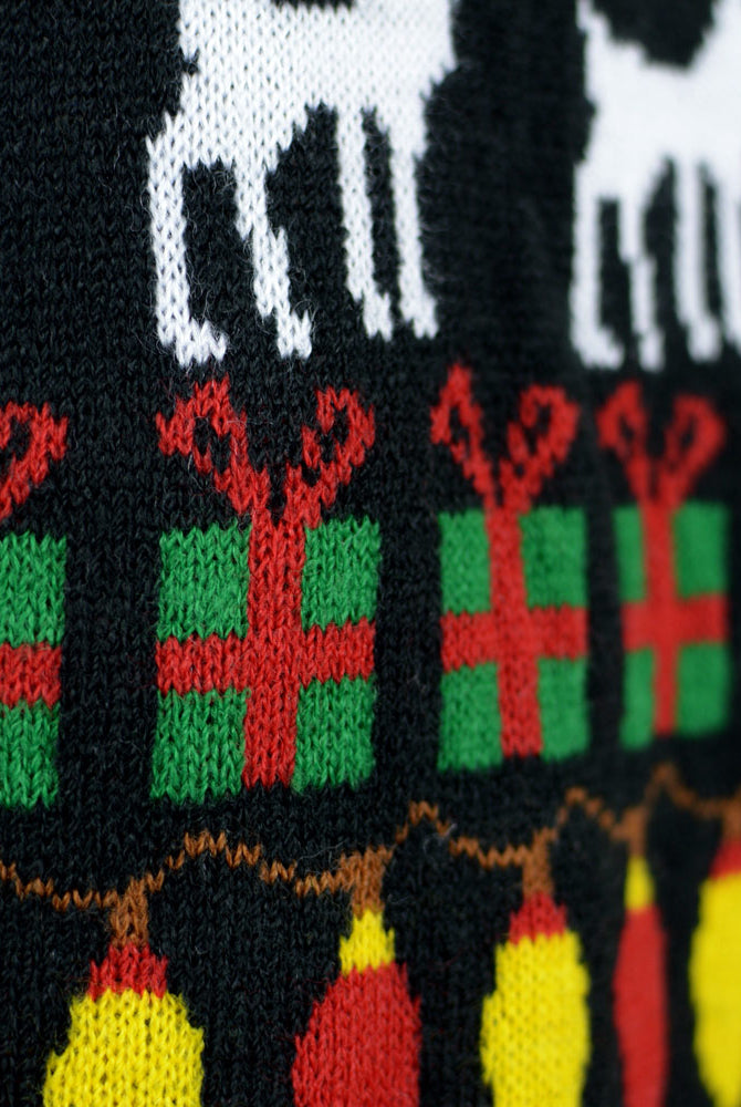 Black Mens Ugly Christmas Sweater Detail with Trees, Reindeers and Gifts