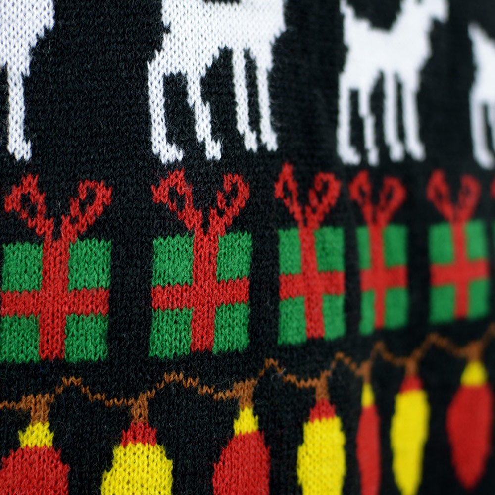 Black Womens Ugly Christmas Sweater with Trees, Reindeers detail Gifts