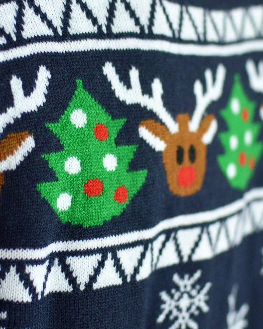 Blue Cardigan Couple's Ugly Christmas Sweater with Reindeers and Trees detail