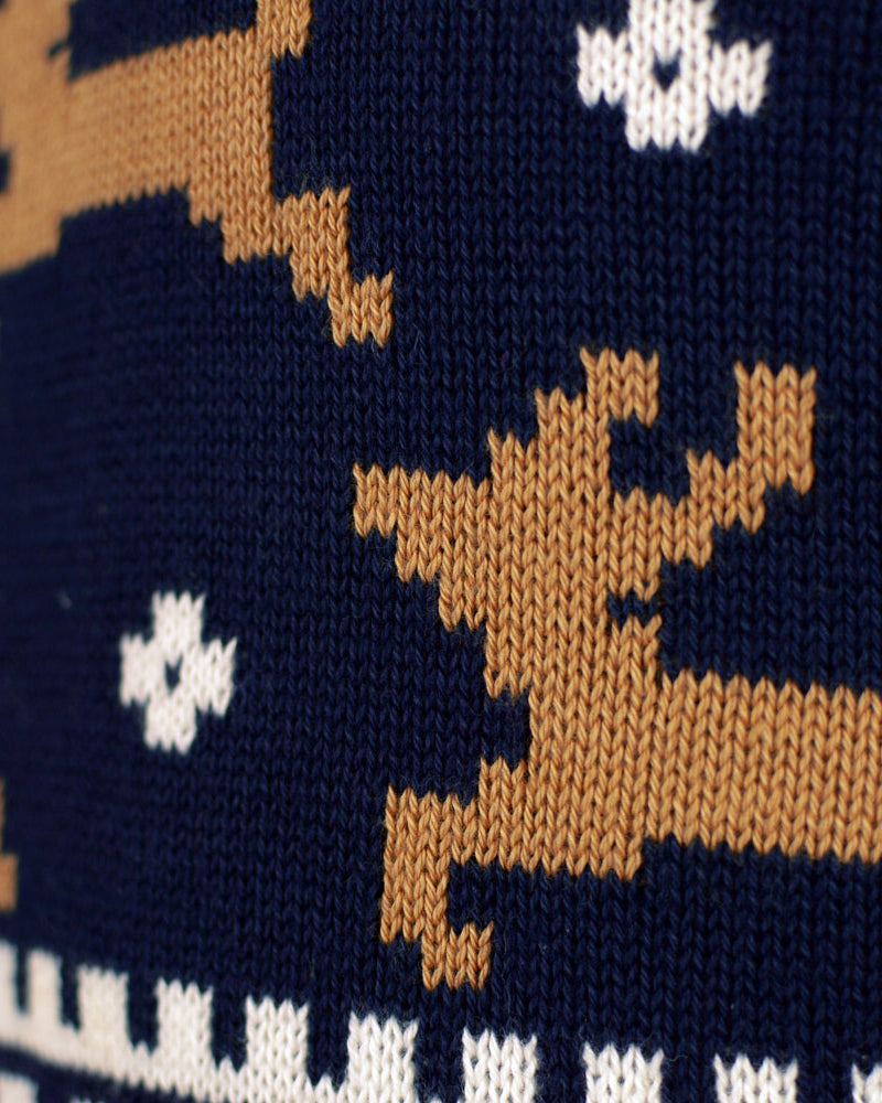 Classy Blue Organic Cotton Mens Ugly Christmas Sweater Detail Reindeers