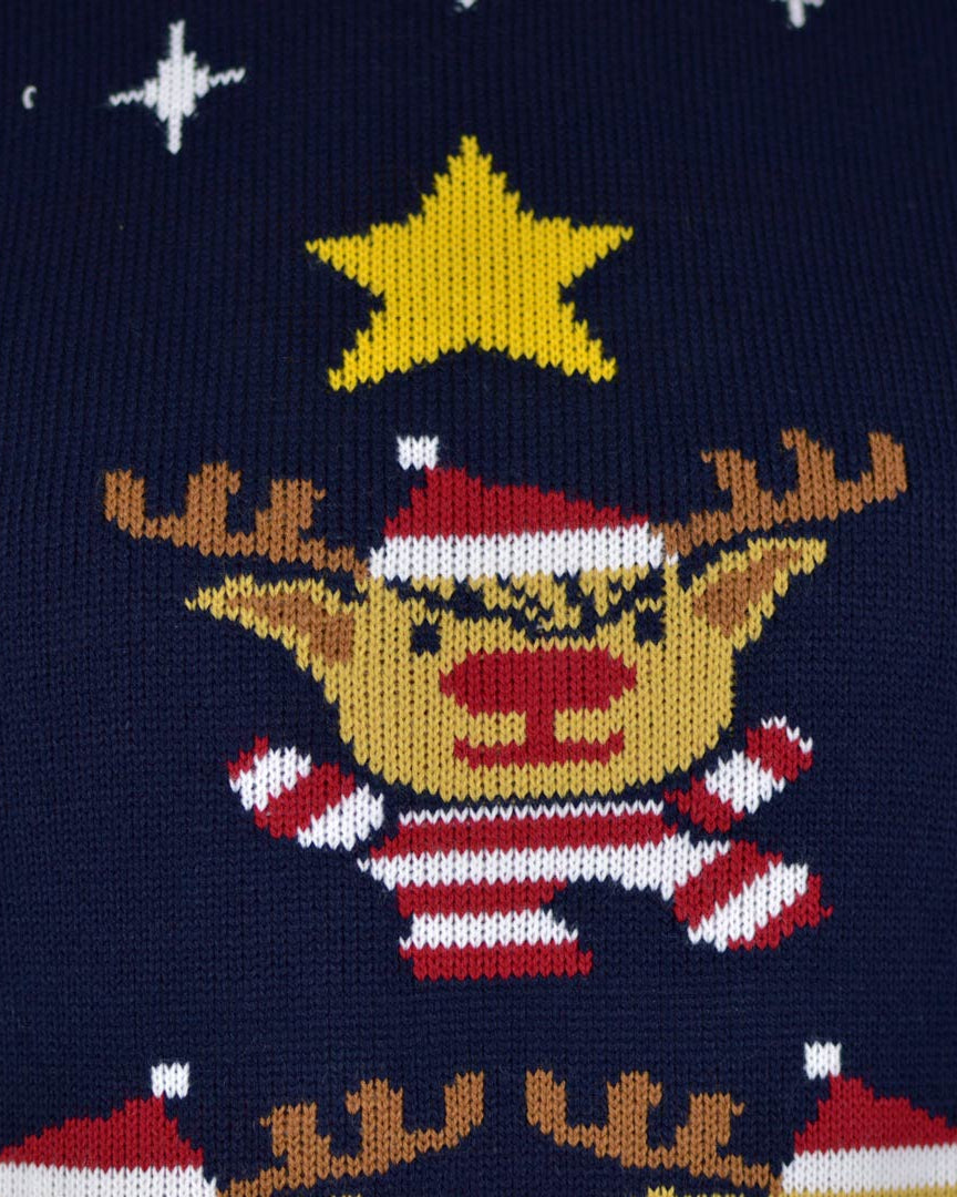 detail Blue Couple's Ugly Christmas Sweater with Reindeers, Christmas Tree and Star