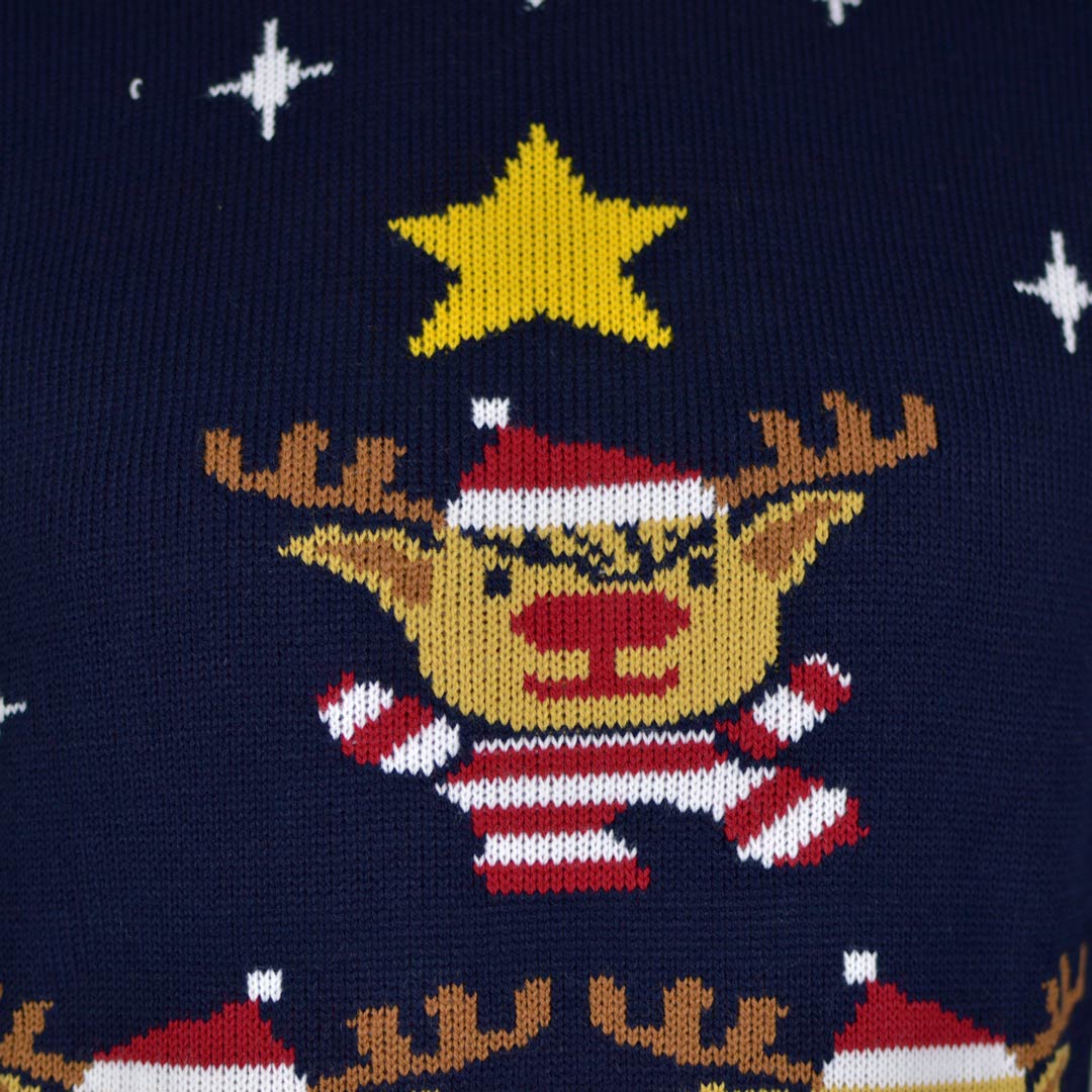 detail Blue Couple's Ugly Christmas Sweater with Reindeers, Christmas Tree and Star