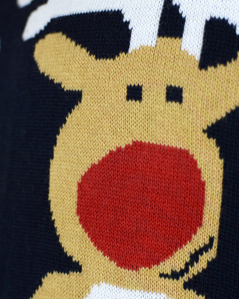detail Blue Couple's Ugly Christmas Sweater with Santa and Rudolph