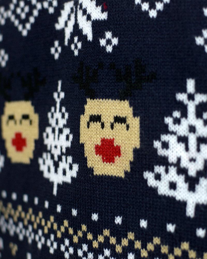 detail Blue Couples Ugly Christmas Sweater with Snowmen and Trees