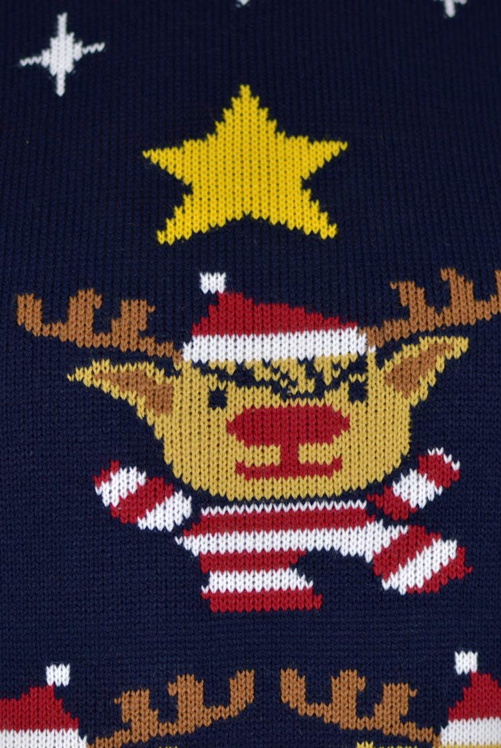 detail Blue Men's Ugly Christmas Sweater with Reindeers, Christmas Tree and Star