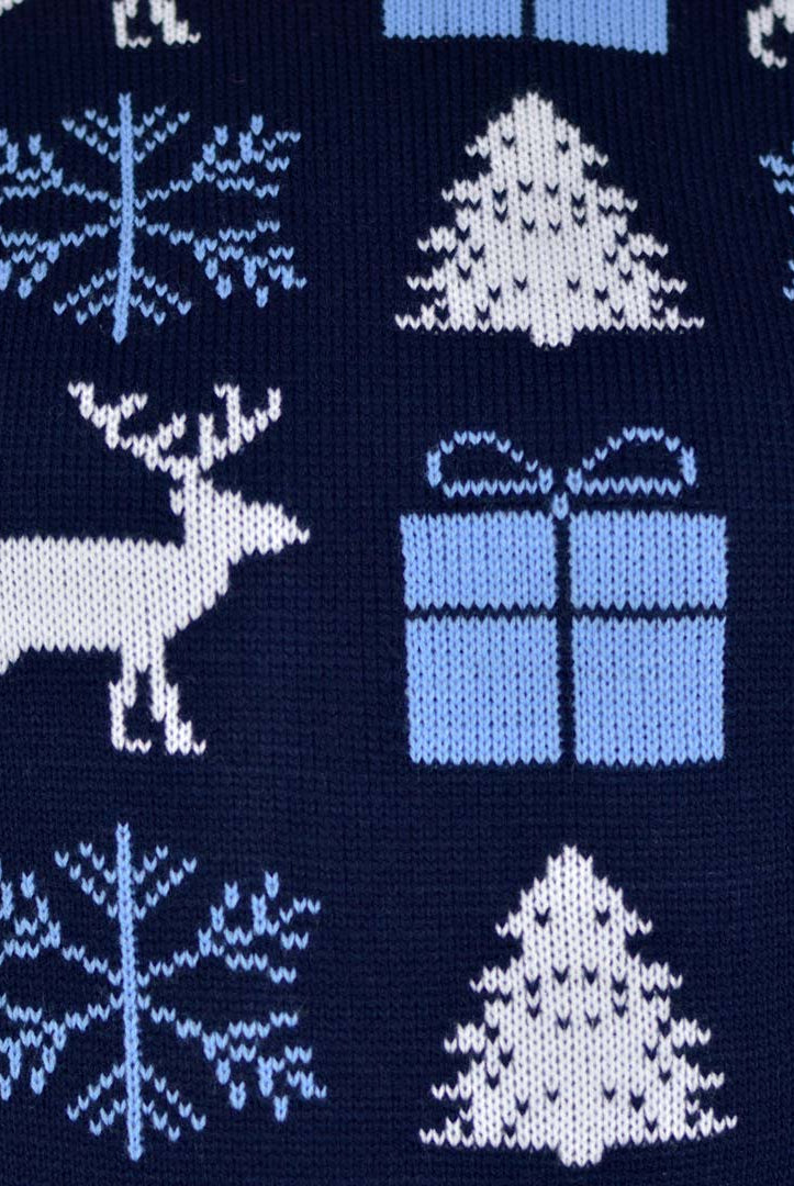 detail Blue Men's Ugly Christmas Sweater with Reindeers, Gifts and Trees