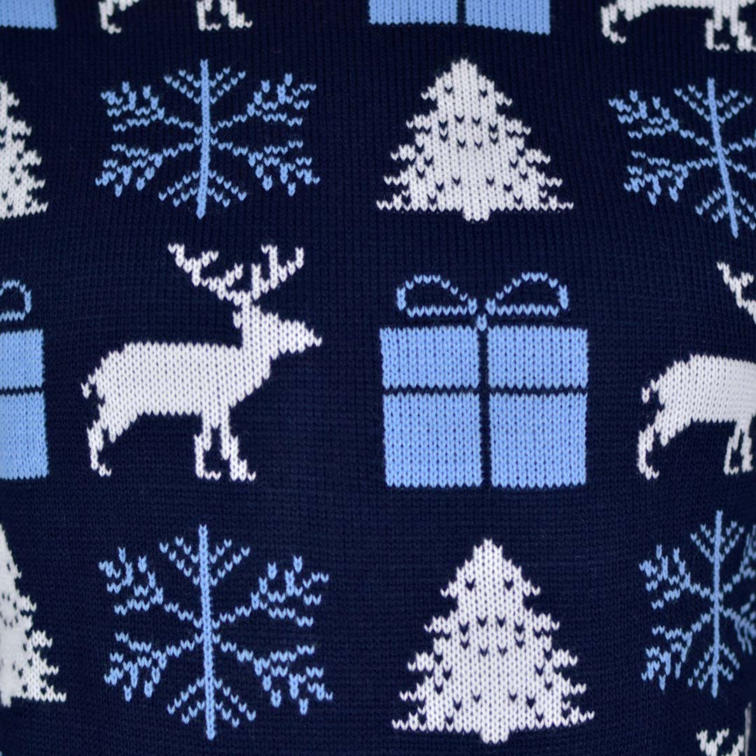 detail Blue Men's Ugly Christmas Sweater with Reindeers, Gifts and Trees