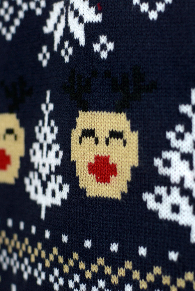 Detail Blue Womens Ugly Christmas Sweater with Snowmen and Trees