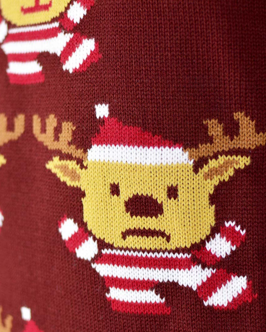 detail Burgundy Couple's Ugly Christmas Sweater with Reindeers, Christmas Tree and Star