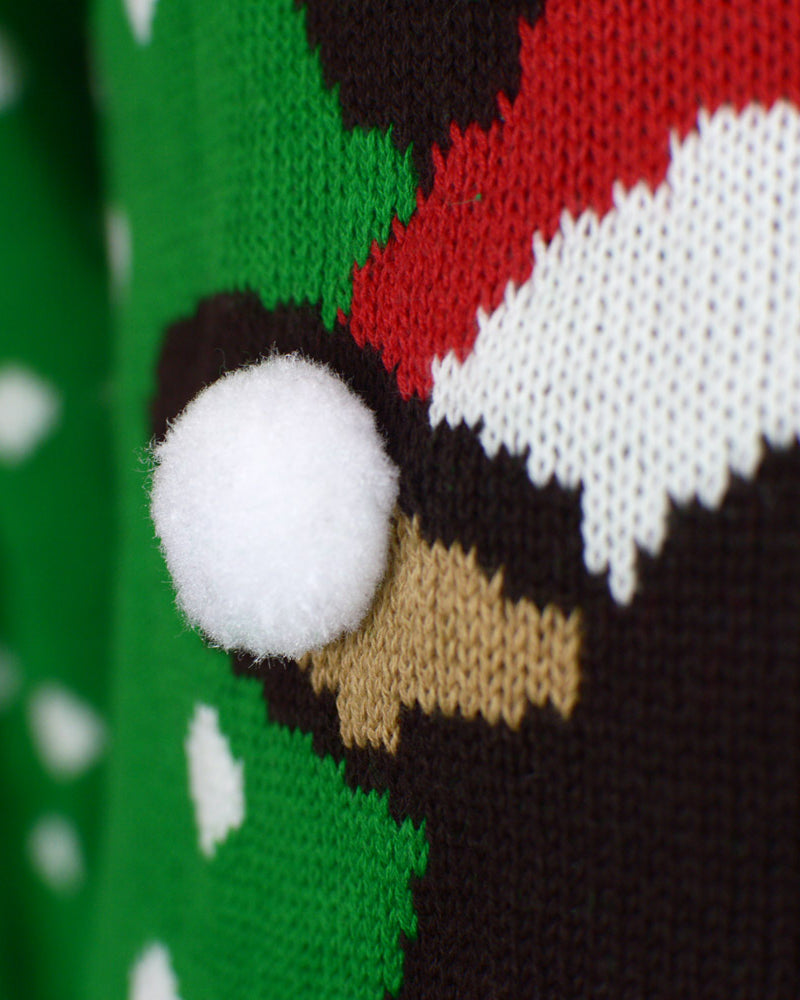 detail Green 3D Couple's Ugly Christmas Sweater Reindeer with Santa's hat