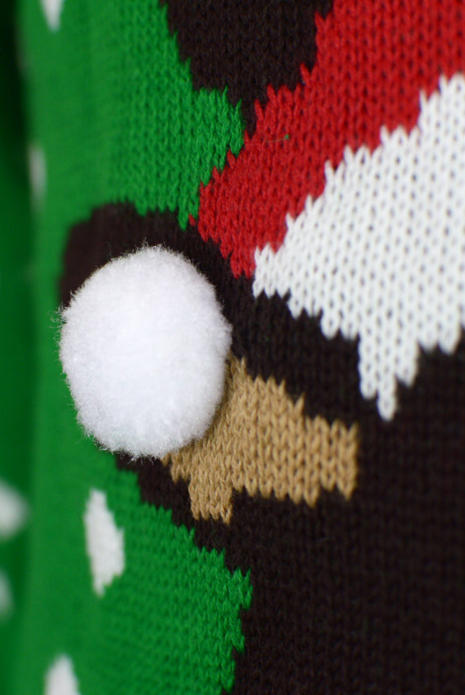 detail Green 3D Couple's Ugly Christmas Sweater Reindeer with Santa's hat