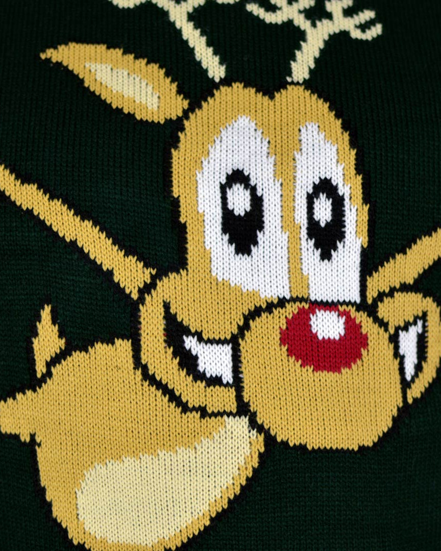 detail Green Couple's Ugly Christmas Sweater with skating Reindeer