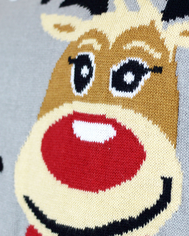 Grey Organic Cotton Cute Reindeers Family Ugly Christmas Sweater Detail