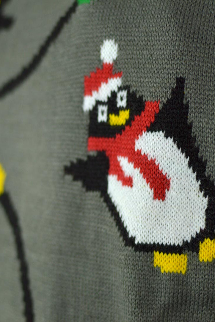 LED light-up Couple's Ugly Christmas Sweater with Penguins detail