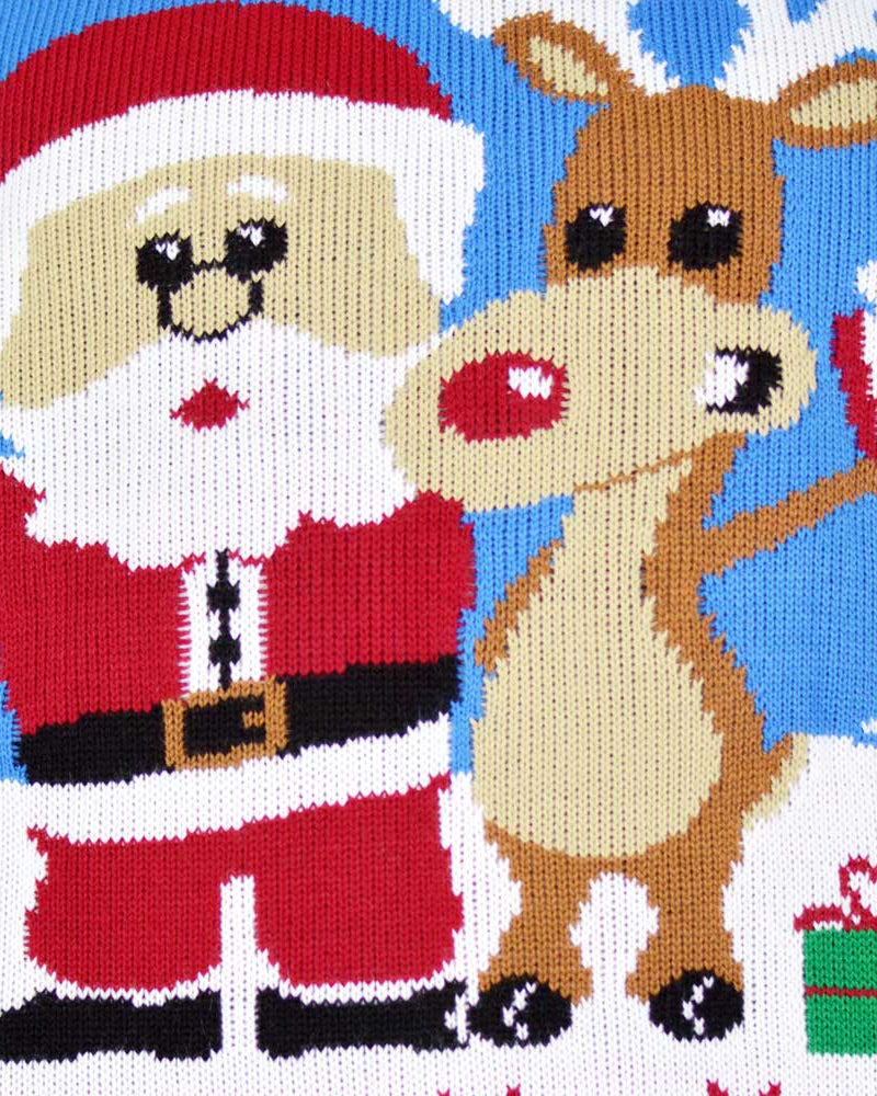 detail Light Blue Couple's Ugly Christmas Sweater with Santa and Rudolph
