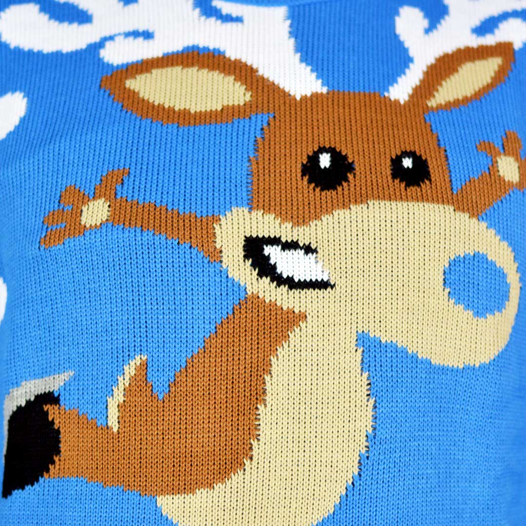 detail Light Blue Couple's Ugly Christmas Sweater with skating Reindeer