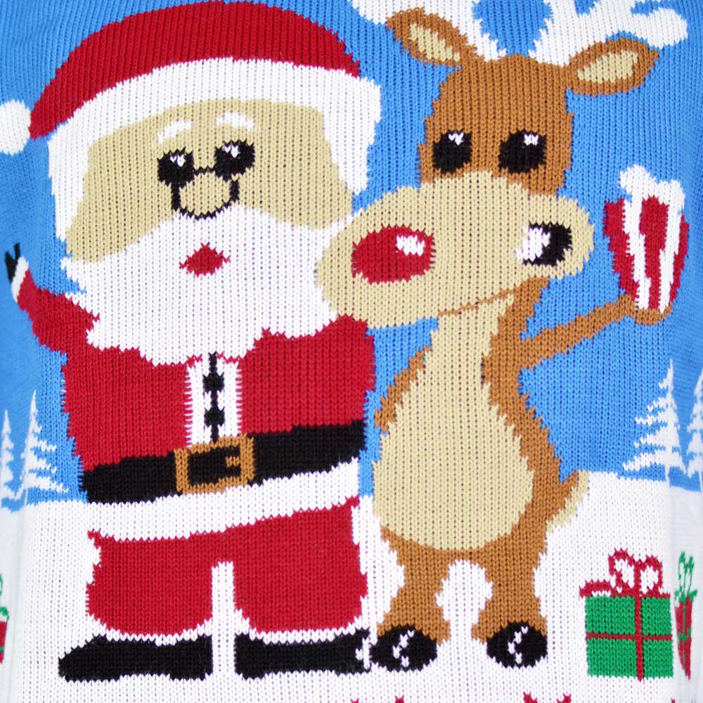 Detail Light Blue Men's Ugly Christmas Sweater with Santa and Rudolph