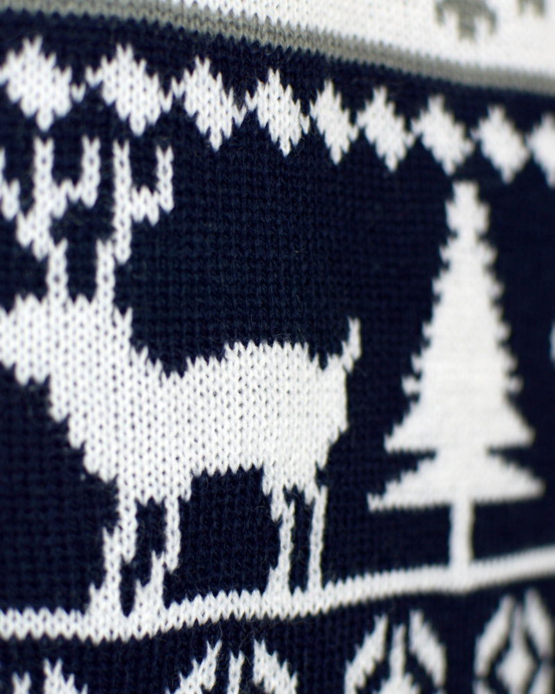 Mens Ugly Christmas Sweater with Reindeers and Trees Detail Strips