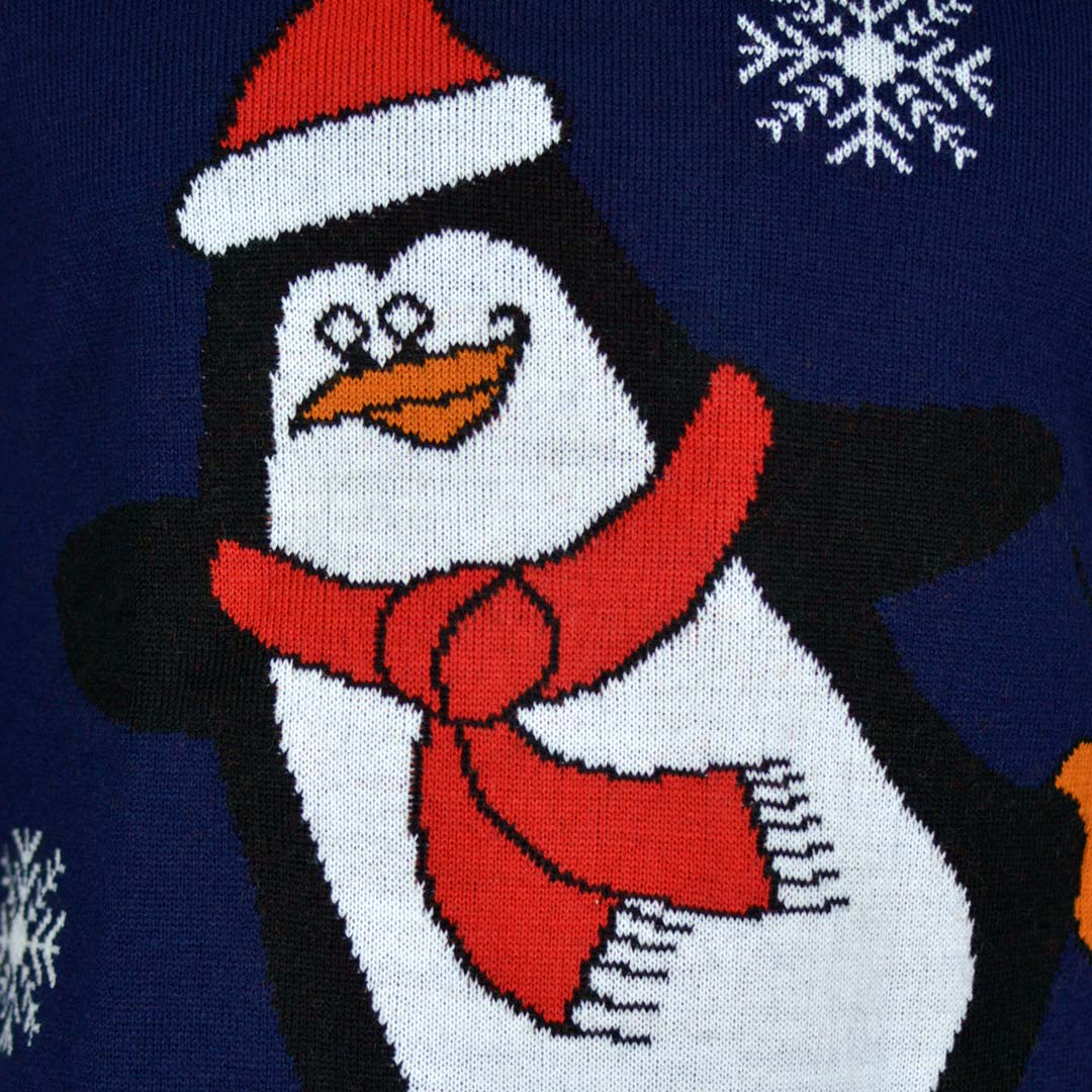 detail Navy Blue Couple's Ugly Christmas Sweater with Penguin