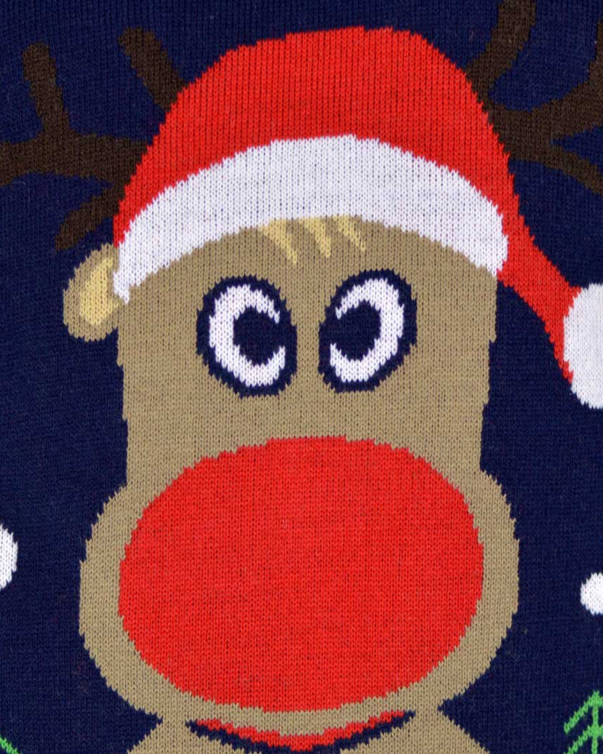detail Navy Blue Couple's  Ugly Christmas Sweater with Reindeer and Snow