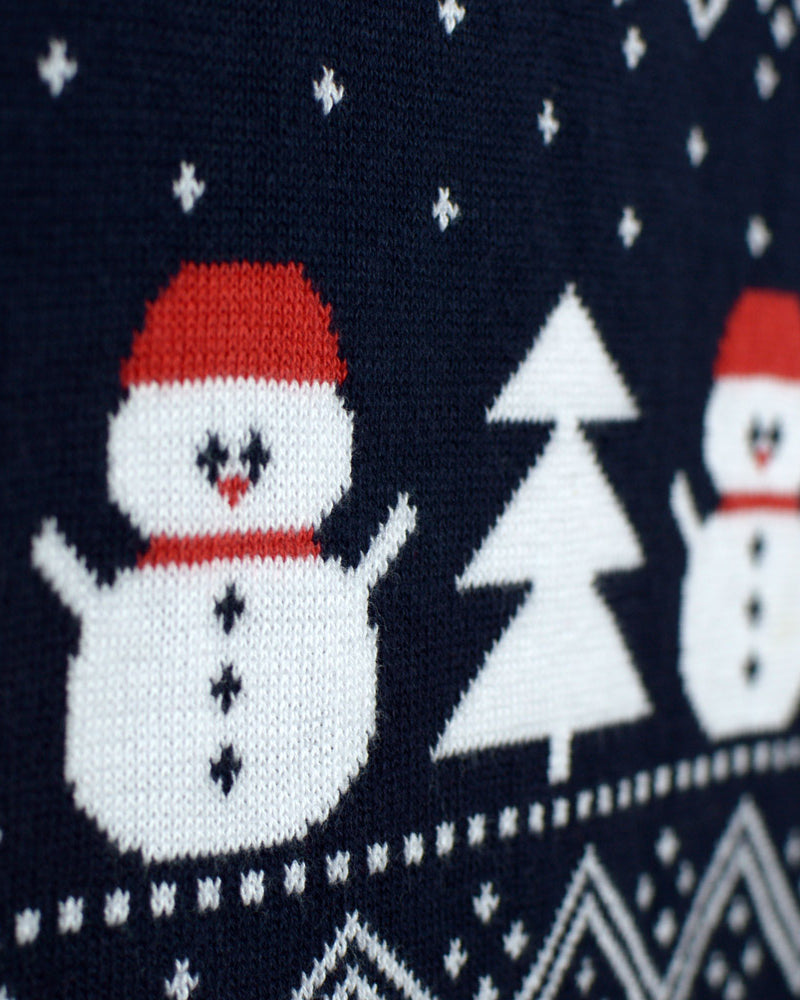 Organic Cotton Couple's Ugly Christmas Sweater with Trees, Snowmens and Santa detail