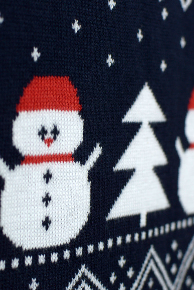 Organic Cotton Couple's Ugly Christmas Sweater with Trees, Snowmens and Santa detail