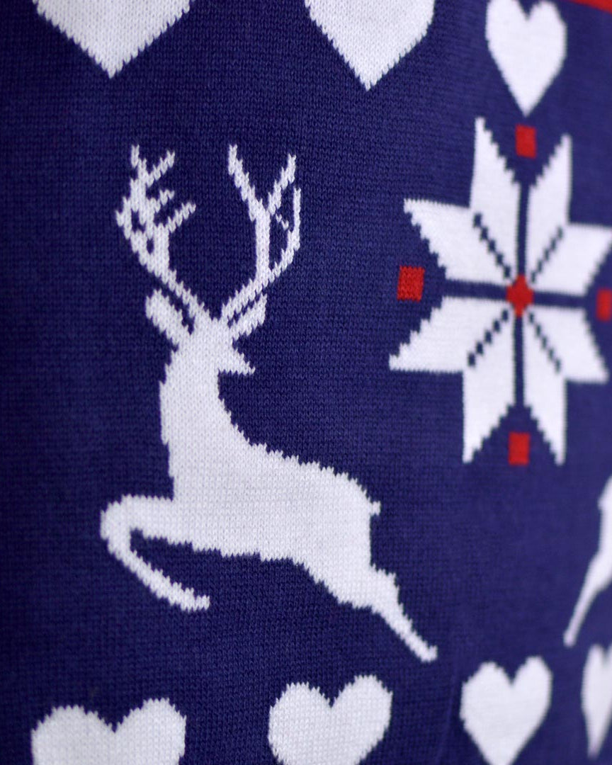 Red and Blue Couple's Ugly Christmas Sweater with Reindeers and Hearts detail
