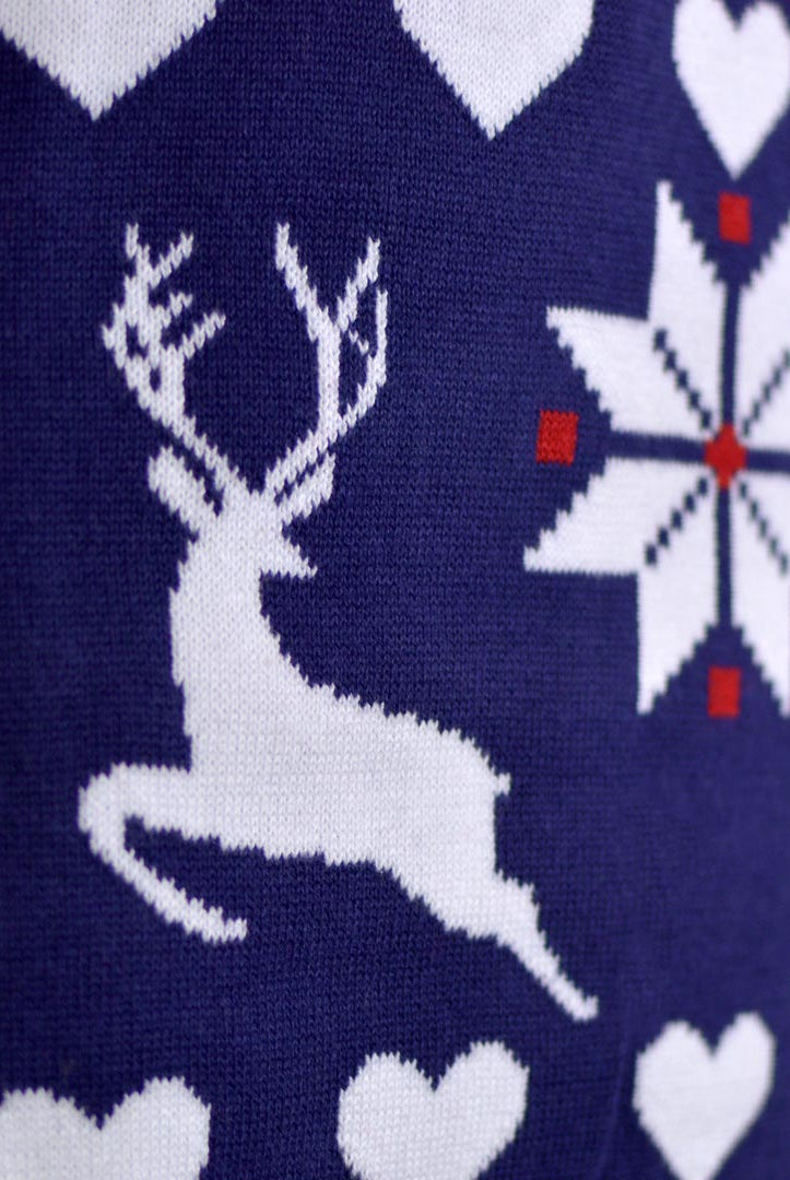 Red and Blue Couple's Ugly Christmas Sweater with Reindeers and Hearts detail