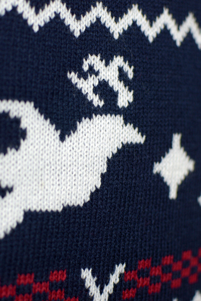 Red and Blue Strips Couple's Ugly Christmas Sweater detail