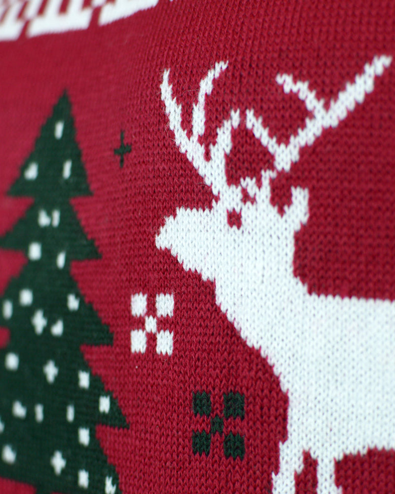 detail Red Couple's Ugly Christmas Sweater with Reindeers and Christmas Trees