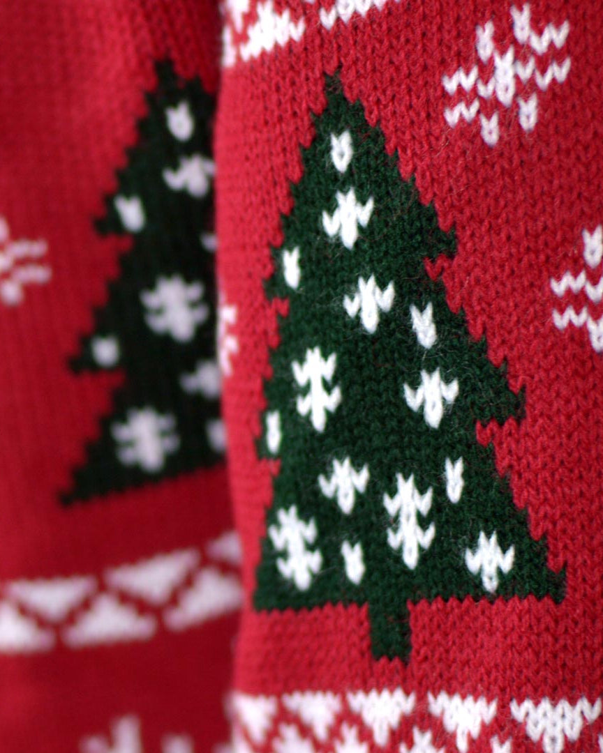 detail Red Couple's Ugly Christmas Sweater with Reindeers, Trees and Gifts