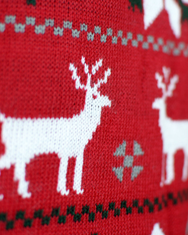 Red Couple's Ugly Christmas Sweater with Reindeers, Trees and Polar Star detail