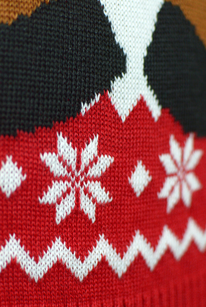 Red Couple's Ugly Christmas Sweater with Rudolph the Happy Reindeer detail