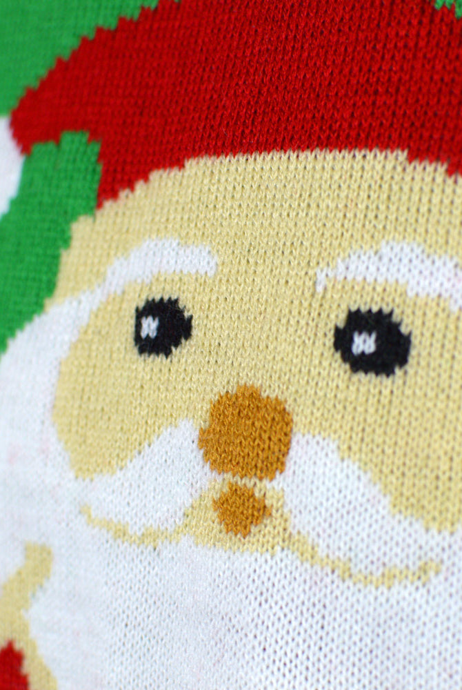 detail Red Couple's Ugly Christmas Sweater with Santa and Reindeer Greeting