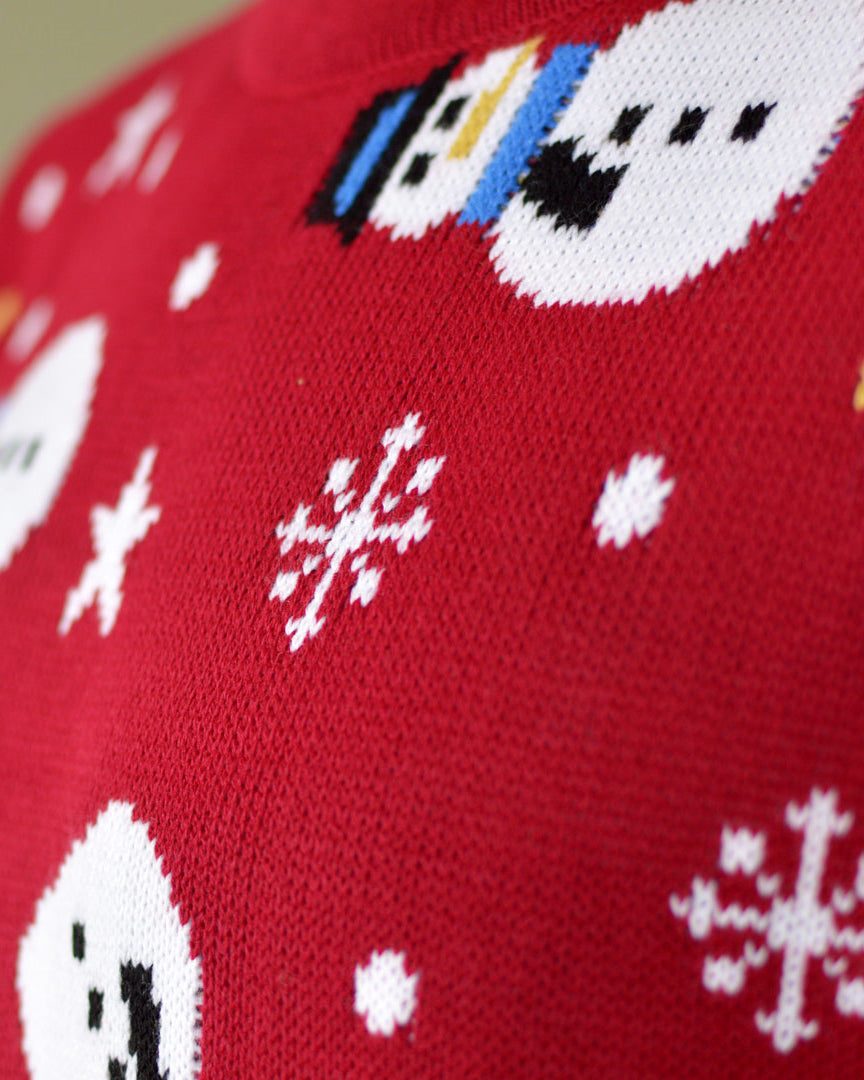 detail Red Couple's Ugly Christmas Sweater with Santa, Trees and Snowmens