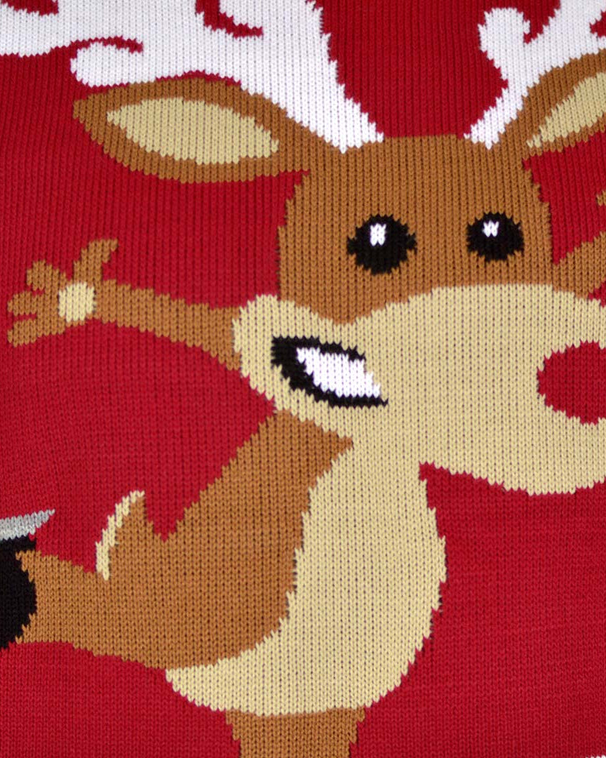 detail Red Couple's Ugly Christmas Sweater with Skating Reindeer