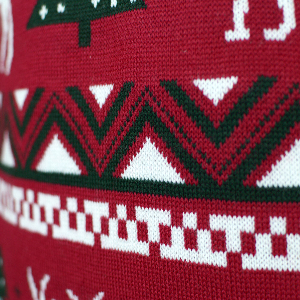 detail Red Men's Ugly Christmas Sweater with Reindeers and Christmas Trees