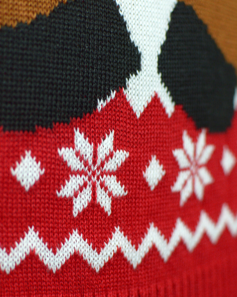 Red Men's Ugly Christmas Sweater with Rudolph the Happy Reindeer detail