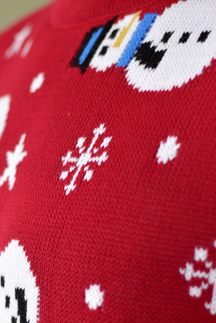 Red Men's Ugly Christmas Sweater with Santa, Trees and Snowmens detail