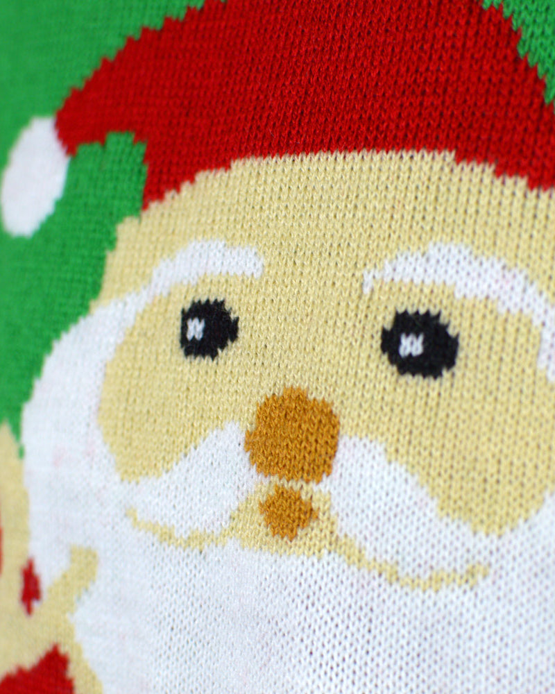 Red Women's Ugly Christmas Sweater detail Santa and Reindeer Greeting