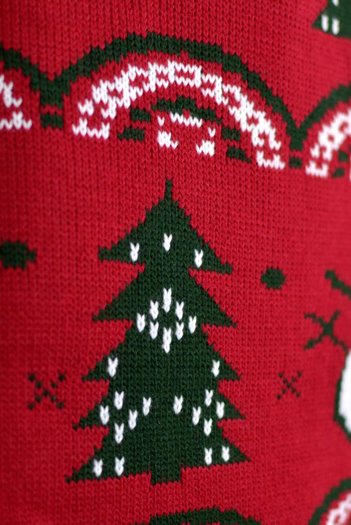 Women's Red Ugly Christmas Sweater with Trees and Snowmens Detail