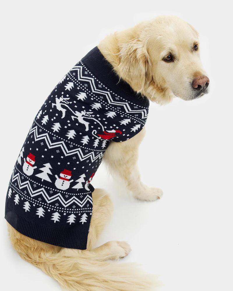Dog Ugly Christmas Sweater with Trees, Snowmen and Santa
