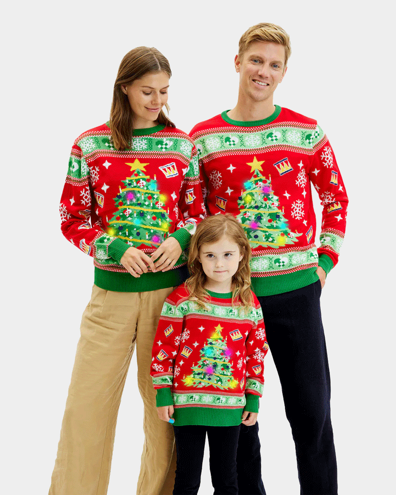 Blue LED light-up Family Ugly Christmas Sweater with Christmas Tree