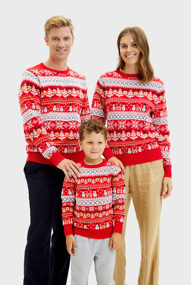 Red Organic Cotton Womens Family Ugly Christmas Sweater Snowmen Trees